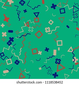 Memphis background.  Trendy background with different  color figures for poster or card. Abstract memphis background with geometric colorful figures for your design. Vector texture.