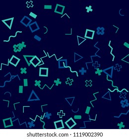 Memphis background.  Trendy background with different  color figures for poster or card. Abstract memphis background with geometric colorful figures for your design. Vector texture.