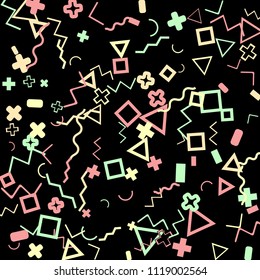 Memphis background.  Trendy background with different color figures for poster or print. Memphis background with figures of different forms and colors for your design. Vector texture.