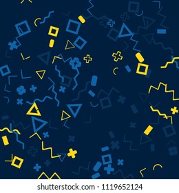 Memphis background.  Trendy background with different  color figures for print or card. Abstract memphis background with geometric colorful figures for your design. Vector texture.