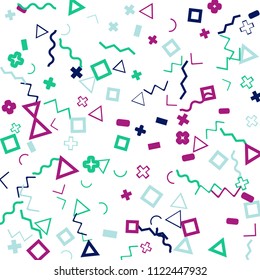 Memphis background.  Trendy background with different color figures for print or mobile application. Memphis background with figures of different forms and colors for your design. Vector texture.