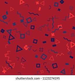 Memphis background.  Trendy background with different  color figures for print or card. Abstract memphis background with geometric colorful figures for your design. Vector texture.