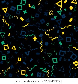 Memphis background.  Trendy background with different color figures for card or banner. Memphis background with figures of different forms and colors for your design. Vector texture.