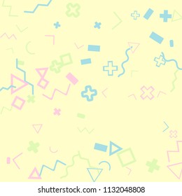 Memphis background.  Trendy background with different  color figures for poster or card. Abstract memphis background with geometric colorful figures for your design. Vector texture.