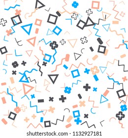 Memphis background.  Trendy background with different color figures for print or mobile application. Memphis background with figures of different forms and colors for your design. Vector texture.