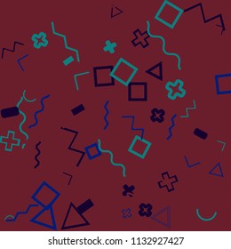 Memphis background.  Trendy background with different  color figures for poster or card. Abstract memphis background with geometric colorful figures for your design. Vector texture.
