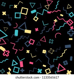 Antecedentes de Memphis.  Fondo moderno con diferentes figuras de color para aplicaciones de impresión o móviles. Memphis fondo con figuras de diferentes formas y colores para su diseño. Textura vectorial.