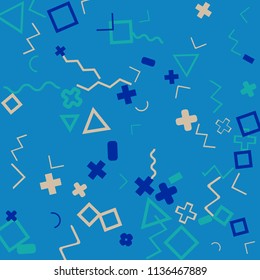 Memphis background.  Trendy background with different  color figures for print or card. Abstract memphis background with geometric colorful figures for your design. Vector texture.