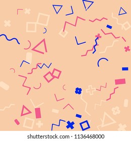 Memphis background.  Trendy background with different  color figures for card or banner. Abstract memphis background with geometric colorful figures for your design. Vector texture.
