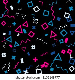 Memphis background.  Trendy background with different color figures for mobile application or poster. Memphis background with figures of different forms and colors for your design. Vector texture.
