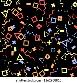 Memphis background.  Trendy background with different color figures for card or banner. Memphis background with figures of different forms and colors for your design. Vector texture.