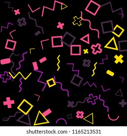 Memphis background.  Trendy background with different color figures for card or banner. Memphis background with figures of different forms and colors for your design. Vector texture.