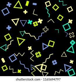 Memphis background.  Trendy background with different color figures for poster or print. Memphis background with figures of different forms and colors for your design. Vector texture.