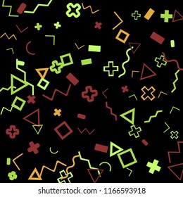 Memphis background.  Trendy background with different color figures for card or banner. Memphis background with figures of different forms and colors for your design. Vector texture.