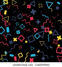Memphis background.  Trendy background with different color figures for print or mobile application. Memphis background with figures of different forms and colors for your design. Vector texture.