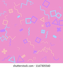 Memphis background.  Trendy background with different  color figures for card or banner. Abstract memphis background with geometric colorful figures for your design. Vector texture.