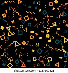 Memphis background.  Trendy background with different color figures for mobile application or poster. Memphis background with figures of different forms and colors for your design. Vector texture.