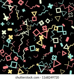 Memphis background.  Trendy background with different color figures for mobile application or poster. Memphis background with figures of different forms and colors for your design. Vector texture.