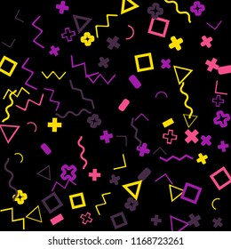 Memphis background.  Trendy background with different color figures for mobile application or poster. Memphis background with figures of different forms and colors for your design. Vector texture.