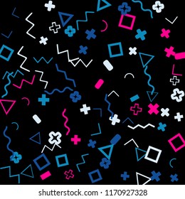 Memphis background.  Trendy background with different color figures for print or mobile application. Memphis background with figures of different forms and colors for your design. Vector texture.