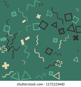 Memphis background.  Trendy background with different  color figures for poster or card. Abstract memphis background with geometric colorful figures for your design. Vector texture.