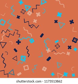 Memphis background.  Trendy background with different  color figures for poster or card. Abstract memphis background with geometric colorful figures for your design. Vector texture.
