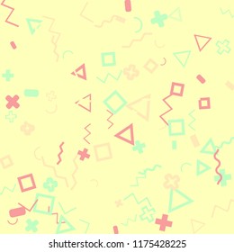 Memphis background.  Trendy background with different  color figures for print or card. Abstract memphis background with geometric colorful figures for your design. Vector texture.