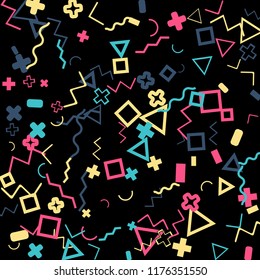 Memphis background.  Trendy background with different color figures for poster or print. Memphis background with figures of different forms and colors for your design. Vector texture.