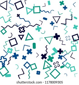 Memphis background.  Trendy background with different color figures for card or banner. Memphis background with figures of different forms and colors for your design. Vector texture.