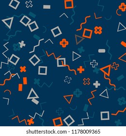 Memphis background.  Trendy background with different  color figures for print or card. Abstract memphis background with geometric colorful figures for your design. Vector texture.