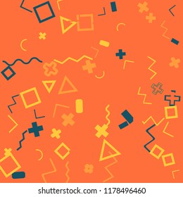 Memphis background.  Trendy background with different  color figures for poster or card. Abstract memphis background with geometric colorful figures for your design. Vector texture.