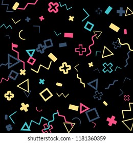 Memphis background.  Trendy background with different color figures for mobile application or poster. Memphis background with figures of different forms and colors for your design. Vector texture.