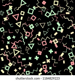 Memphis background.  Trendy background with different color figures for mobile application or poster. Memphis background with figures of different forms and colors for your design. Vector texture.