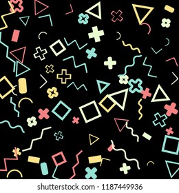 Memphis background.  Trendy background with different color figures for mobile application or poster. Memphis background with figures of different forms and colors for your design. Vector texture.