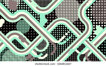 Memphis background. Trendy pattern with color strips and different elements for banner or mobile application. Retro Pattern with Color Elements for your Design. Vector Texture.