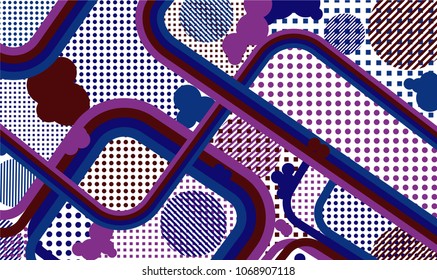 Memphis background. Trendy pattern with color strips and different elements for textile or wallpaper. Retro-Fututristic Background with Color Elements in Disco Style. Vector Texture.