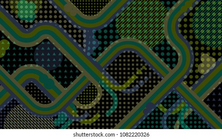 Memphis background. Trendy pattern with color strips and different elements for card or flyer. Pop-Art Style. Vintage Background with Color Elements in Disco Style. Vector Texture.