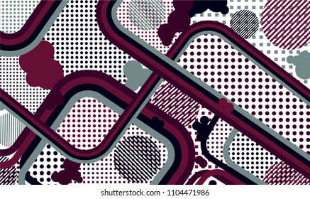 Memphis background. Trendy pattern with color strips and different elements for banner or mobile application. Retro Pattern with Color Elements for your Design. Vector Texture.