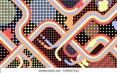Memphis background. Trendy pattern with color strips and different elements for textile or wallpaper. Pop-Art Style. Vintage Background with Color Elements in Disco Style. Vector Texture.
