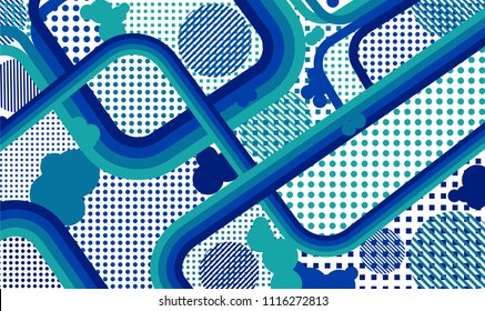 Memphis background. Trendy pattern with color strips and different elements for textile or wallpaper. Pop-Art Style. Vintage Background with Color Elements in Disco Style. Vector Texture.