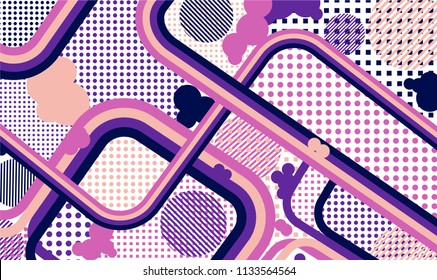 Memphis background. Trendy pattern with color strips and different elements for textile or wallpaper. Pop-Art Style. Vintage Background with Color Elements in Disco Style. Vector Texture.