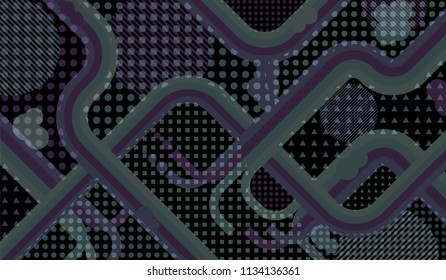 Memphis background. Trendy pattern with color strips and different elements for textile or wallpaper. Pop-Art Style. Vintage Background with Color Elements in Disco Style. Vector Texture.