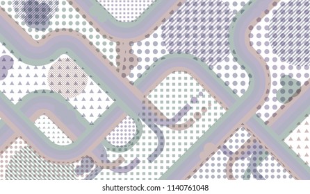 Memphis background. Trendy pattern with color strips and different elements for paper or print. Retro Pattern with Color Elements for your Design. Vector Texture.