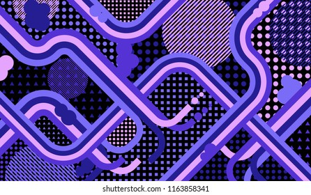 Memphis background. Trendy pattern with color strips and different elements for paper or print. Pop-Art Style. Vintage Background with Color Elements in Disco Style. Vector Texture.