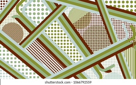 Memphis background. Vintage background with color lines and different elements for textile or wallpaper. Pop-Art Style. Vintage Background with Color Elements in Disco Style. Vector Texture.