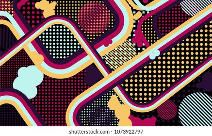 Memphis background. Vintage background with color lines and different elements for banner or mobile application. Pop-Art Style. Vintage Background with Color Elements in Disco Style. Vector Texture.