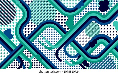 Memphis background. Vintage background with color lines and different elements for textile or wallpaper. Pop-Art Style. Vintage Background with Color Elements in Disco Style. Vector Texture.