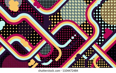Memphis background. Vintage background with color lines and different elements for banner or mobile application. Retro Pattern with Color Elements for your Design. Vector Texture.
