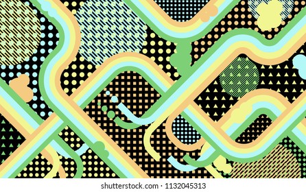 Memphis background. Vintage background with color lines and different elements for textile or wallpaper. Retro-Fututristic Background with Color Elements in Disco Style. Vector Texture.