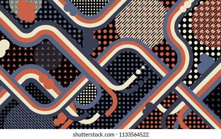 Memphis background. Vintage background with color lines and different elements for textile or wallpaper. Retro Pattern with Color Elements for your Design. Vector Texture.